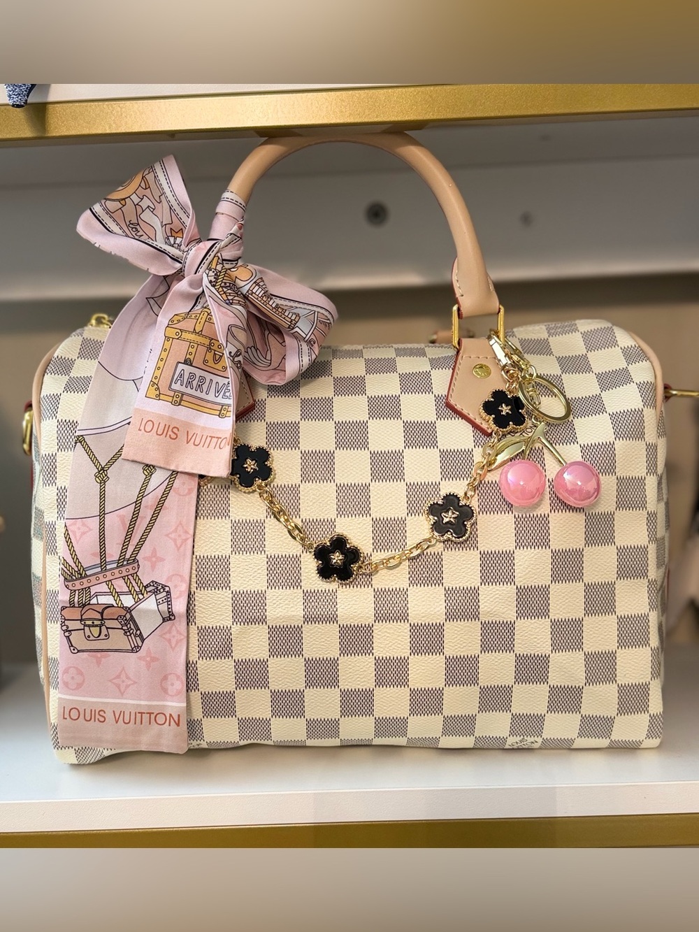 Source Unknown White Checked Satchel with Pink Scarf and Charm